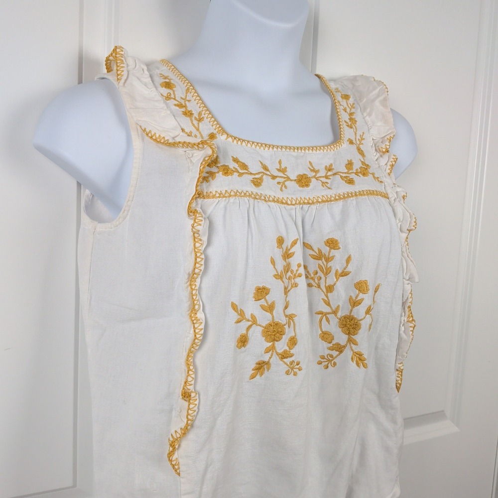 Prairie Cottagecore Western White Yellow Floral Embroidered Ruffle Top Blouse